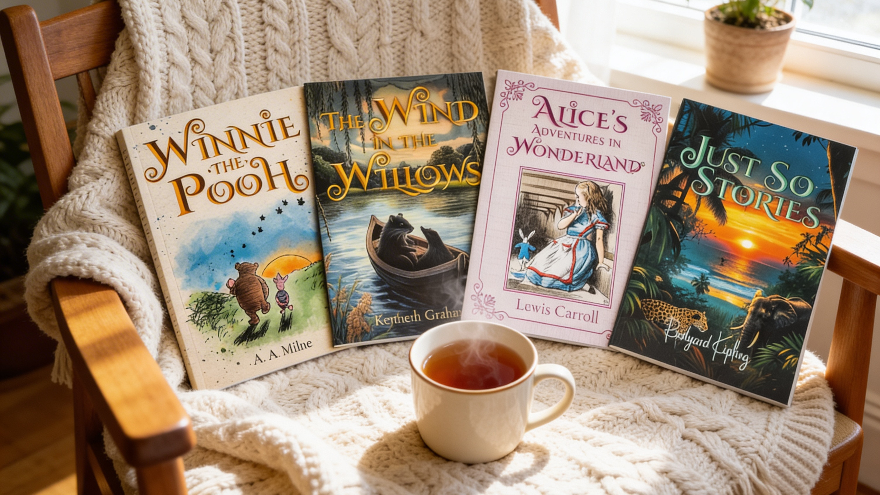 Classic books for early readers — Winnie-the-Pooh, The Wind in the Willows, Alice's Adventures in Wonderland, and Just So Stories on a cozy armchair with a cup of tea.